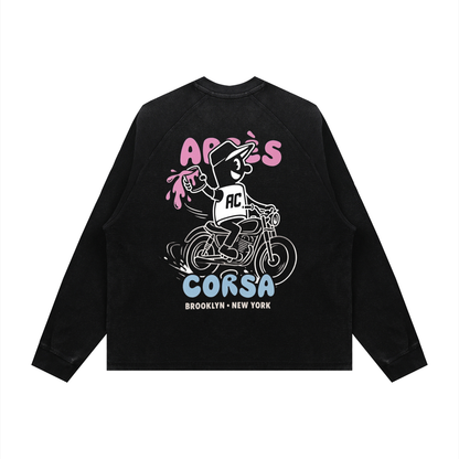Moto Boxy Waffle Long Sleeve-Carbon Wash